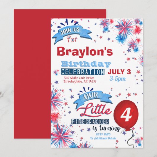 Little Firecracker 4. Juli Geburtstag Einladung (Vorne/Hinten)