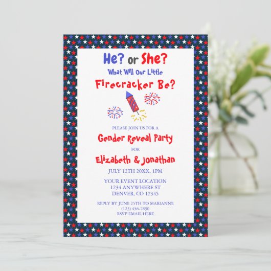 Little Firecracker American Gender Reveal Einladung (Stehend Vorderseite)