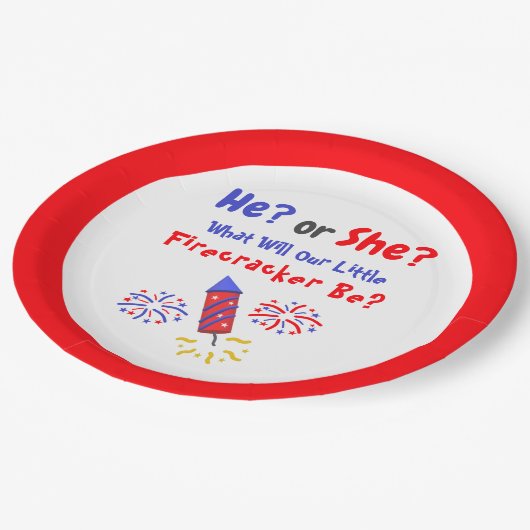 Little Firecracker Gender Reveal Paper Plate Pappteller (Schrägansicht)