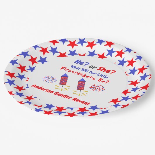 Little Firecracker Gender Reveal Pappteller (Schrägansicht)
