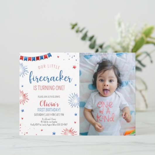 Little Firecracker Kindergeburtstag Party Foto Einladung (Stehend Vorderseite)