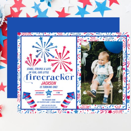 Little Firecracker Red White Blue Foto Geburtstag Einladung