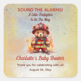 Little Firefighter Teddy Bear Baby Shower  Quadratischer Aufkleber