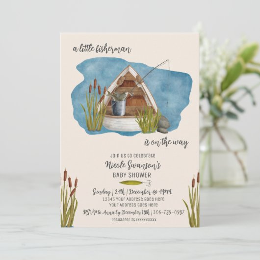 Little Fisherman Fishing Baby Shower Einladung (Stehend Vorderseite)