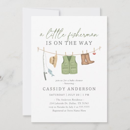 Little Fisherman Fishing Clothesline Baby Shower Einladung (Vorderseite)