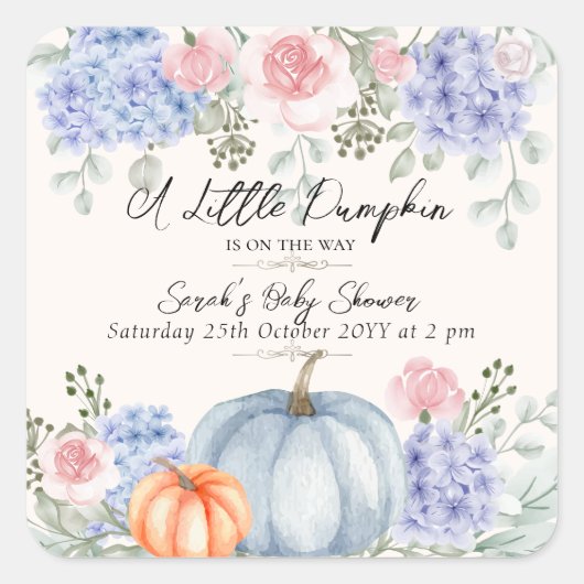 Little Floral Pumpkin Halloween Fall Baby Dusche Quadratischer Aufkleber (Vorderseite)