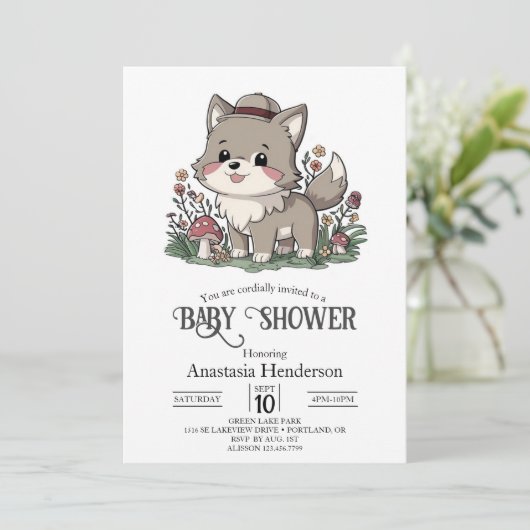 Little Forest Wolf Babydusche Einladung (Stehend Vorderseite)
