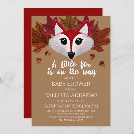 Little Fox Fall Red Brown Watercolor Babydusche I Einladung (Vorne/Hinten)
