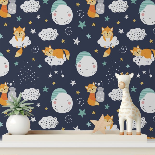 Little Fox Niedlich Moon Stars Kindermuster Tapete (Von Creator hochgeladen)