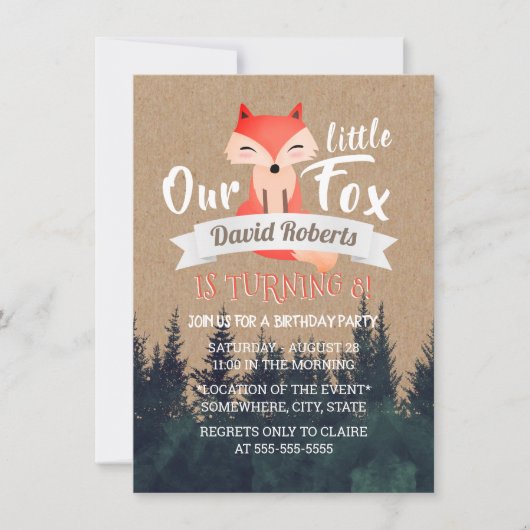 Little Fox Rustic Forest Birthday Party Einladung (Vorderseite)