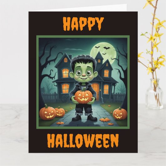 Little Frankenstein Halloween Karte (Gelbe Blume)