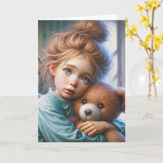 Little Freckled Girl Hugging a Teddy Bar Karte (Gelbe Blume)