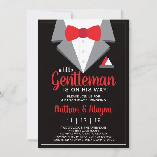 Little Gentleman Baby Shower Invitation, Tuxedo Einladung (Vorderseite)