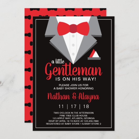 Little Gentleman Baby Shower Invitation, Tuxedo Einladung (Vorne/Hinten)