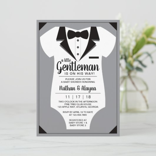 Little Gentleman Baby Shower Invitation, Tuxedo Einladung (Stehend Vorderseite)