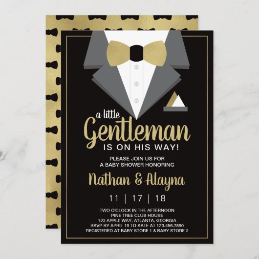 Little Gentleman Baby Shower Invitation, Tuxedo Einladung (Vorne/Hinten)
