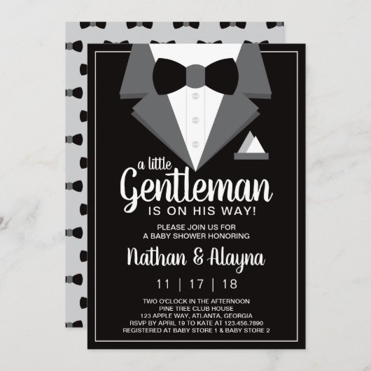 Little Gentleman Baby Shower Invitation, Tuxedo Einladung (Vorne/Hinten)