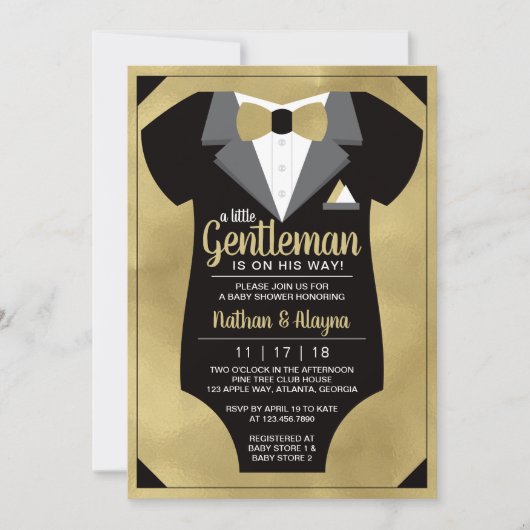 Little Gentleman Baby Shower Invitation, Tuxedo Einladung (Vorderseite)