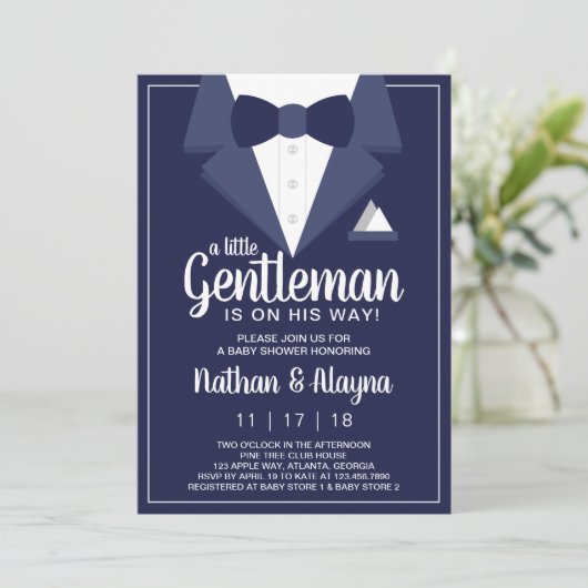 Little Gentleman Baby Shower Invitation, Tuxedo Einladung (Stehend Vorderseite)
