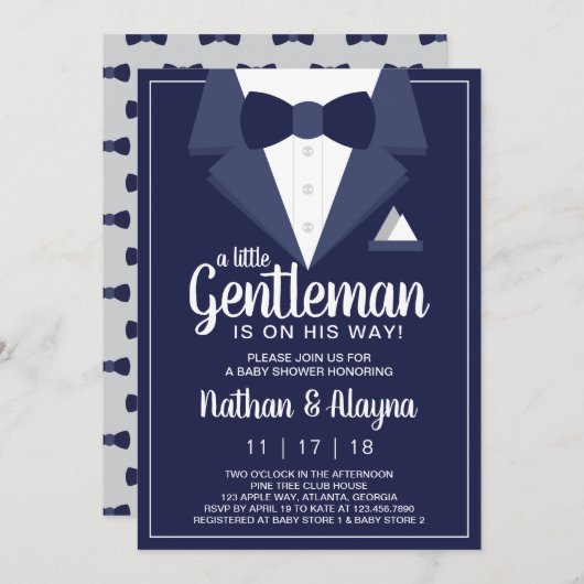 Little Gentleman Baby Shower Invitation, Tuxedo Einladung (Vorne/Hinten)