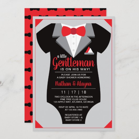 Little Gentleman Baby Shower Invitation, Tuxedo Einladung (Vorne/Hinten)