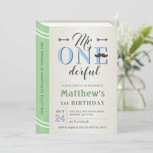 Little Gentleman Mr Onederful 1st First Birthday Einladung (Stehend Vorderseite)