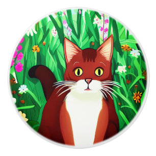 Little Ginger Brown Kitty in einem Feld der Blume Keramikknauf