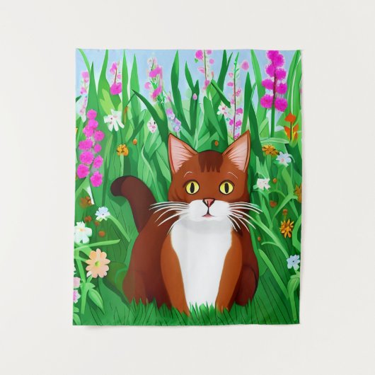 Little Ginger Brown Kitty in einem Feld der Blume Wandteppich (Vorderseite)
