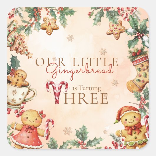 Little Gingerbread Christmas 3rd Birthday Quadratischer Aufkleber (Vorderseite)