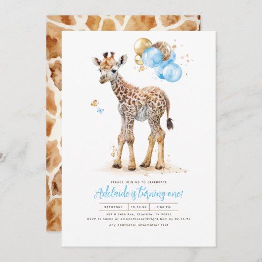 Little Giraffe Blue und Brown Boho Birthday Einladung (Vorne/Hinten)