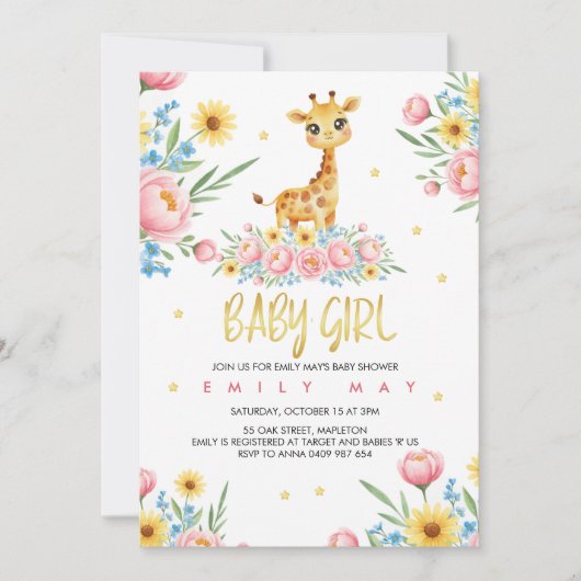 Little Giraffe Girl Baby Shower Celebration Einladung (Vorderseite)