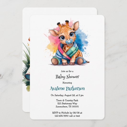 Little Giraffe Schnuller und Blanket Baby Dusche Einladung (Vorne/Hinten)