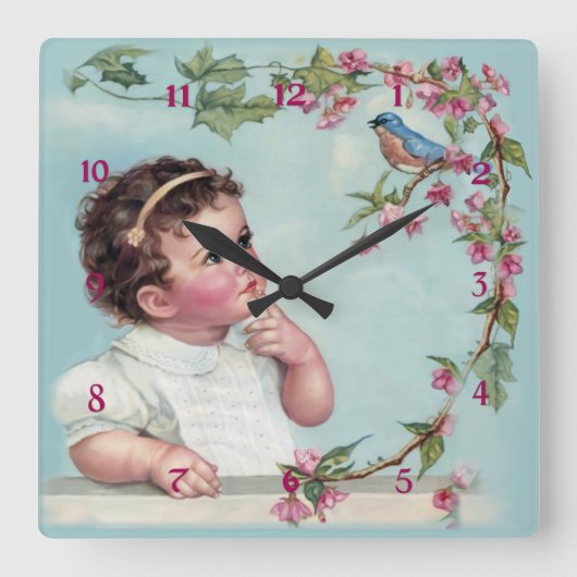 Little Girl and Blue Bird Quadratische Wanduhr (Vorderseite)