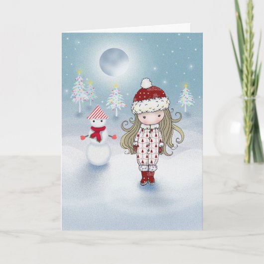 Little Girl and Snowman Weihnachtskarte Feiertagskarte (Vorderseite)
