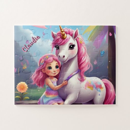 Little Girl and Unicorn Fantasy Personalisiert Puzzle (Horizontal)