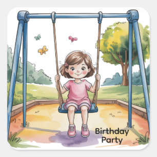 Little Girl auf einem Swing 4. Geburtstags-Party Quadratischer Aufkleber