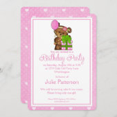 Little Girl Birthday Party Einladung Girly Bear 1 (Vorne/Hinten)