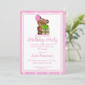 Little Girl Birthday Party Einladung Girly Bear 1 (Stehend Vorderseite)