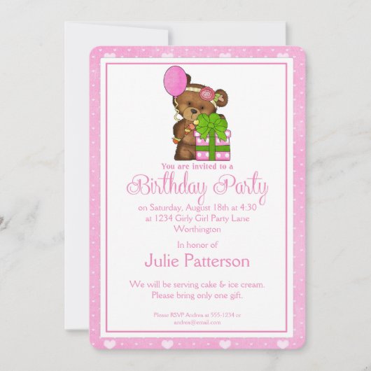 Little Girl Birthday Party Einladung Girly Bear 1 (Vorderseite)