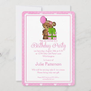 Little Girl Birthday Party Einladung Girly Bear 1