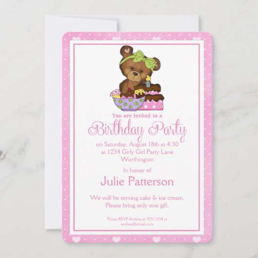 Little Girl Birthday Party Einladung Girly Bear 2 (Vorderseite)