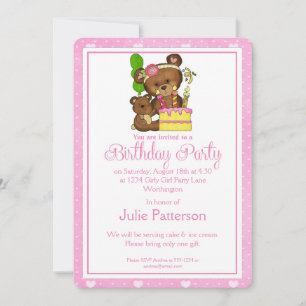 Little Girl Birthday Party Einladung Girly Bear 3