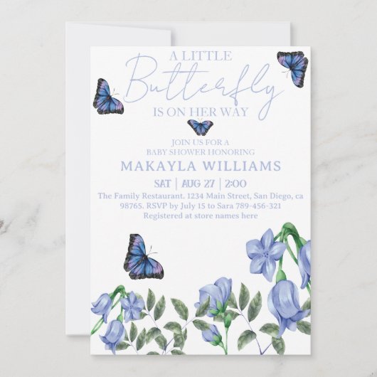 Little Girl Butterfly Blue Floral Baby Dusche Einladung (Vorderseite)