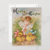 Little Girl Easter Chick Leash Feiertagspostkarte (Vorne/Hinten)
