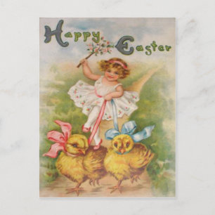 Little Girl Easter Chick Leash Feiertagspostkarte