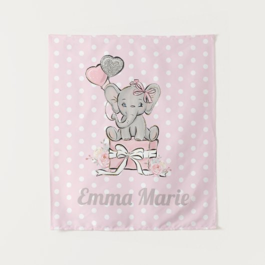 Little Girl Elephant Rosa Silberballons Name Wandteppich (Vorderseite)