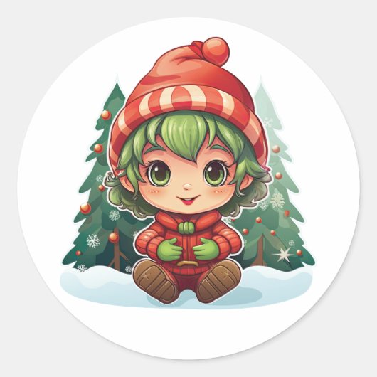 Little Girl Elf Xmas Magic Runder Aufkleber (Vorderseite)