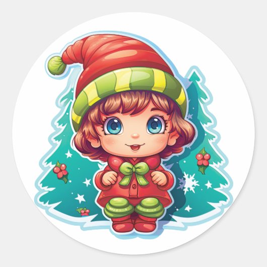 Little Girl Elf Xmas Magic Runder Aufkleber (Vorderseite)