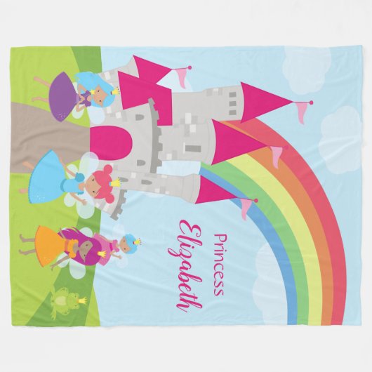 Little Girl Fairy Princess mit Regenbogen und Burg Fleecedecke (Vorderseite (Horizontal))
