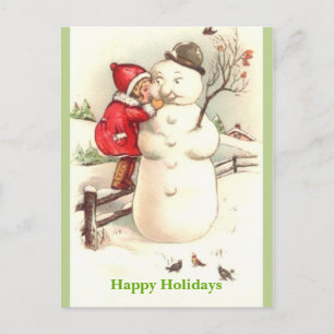 Little Girl flüstert nach Snowman Happy Holidays Postkarte